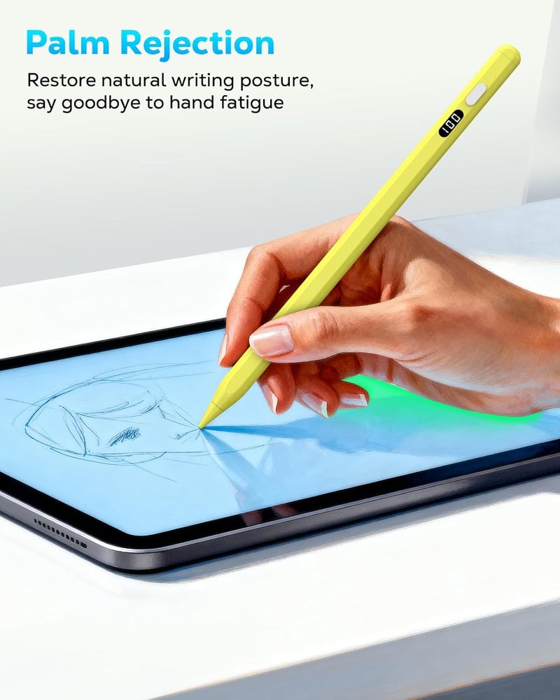 MoKo Stylus Pen for iPad 2018-2025, USB-C Fast Charging Pencil with LED Power Display Tilt Sensitivity for Apple iPad A16/11/10/9/8/7/6, Air 7/6/5/4/3/M3/M2, Pro 13"/12.9"/11"/M4, Mini 7/6/5, Yellow - Image 4